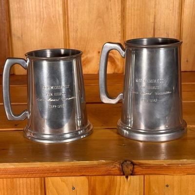(2pc) English Pewter Tankards | With dedications, each with a glass bottom, including one by Kent Silversmiths. - h. 5 x w. 5 in (largest)

