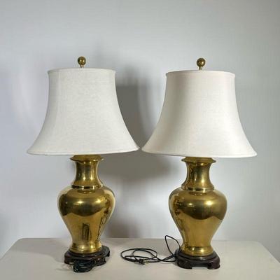 Pair Brass Table Lamps | Large vasiform brass lamps on Chinese style wooden bases; dia. lamp only approx. 9.5 in. - h. 34.5 x dia. 18.5...