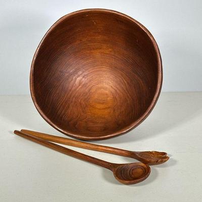 Large Teak Salad Bowl | Large mid century modern teak wood salad bowl with serving pieces, labeled on the bottom. - h. 7.25 x dia. 12 in...