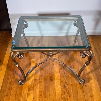 Glass Side Table | Bronzed metal end table / low table with scrolled feet having a 1/2” thick beveled glass top. - h. 21.25 x l. 27.5 x...