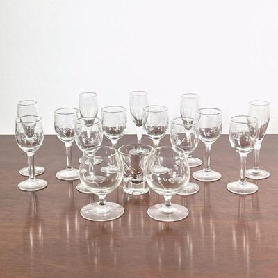 (16pc) Mixed Cordial Glasses | 8 glasses are etched with a matching shot glass, 5 fluted and 2 small brandy one of which has “Hennessy”...