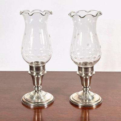 (2pc) Sterling Silver Hurricane Candlesticks | Frank M. Whiting & Company weighted sterling silver candle holders with etched glass...