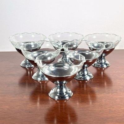 (6pc) Ice Cream Bowls | Ice cream or sherbet / dessert dishes, designed as glass bowls with ruffled rims and accompanying silver-toned...