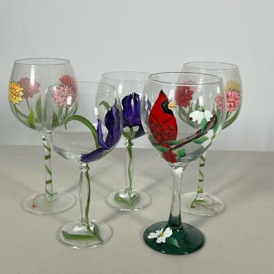 (5pc) Hand-painted Stemware | Painted wine glasses, including two with purple orchids by Patty Falk, a pair of floral glasses, and a...
