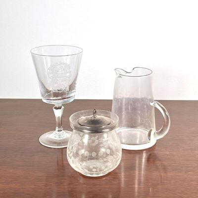 (3pc) Jelly Jar, Small Pitcher And Glass | Including an etched glass jelly jar with a sterling silver top, plus a stemmed glass with...