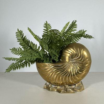 Nautilus Shell Planter | Vintage brass shell cachepot / planter on a rock-form base. - h. 10 x l. 12 x d. 7 in

