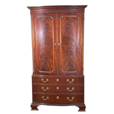 Baker Furniture Armoire | Nicely figured wood armoire by Baker Furniture, with double doors before shelves over three full width drawers...