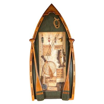 Fishing Shadow Box Frame | Rowboat form shadow box frame with fishing-themed collage. - h. 25 x w. 11.75 x d. 3 in (overall)

