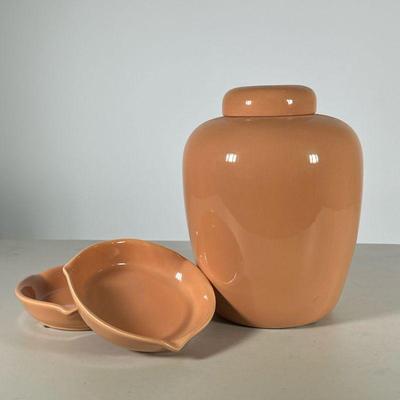 (3pc) Porcelain Urn & Plant Trays | Including a salmon colored lidded jar and two under plates for planters, or other lower dishes. -...