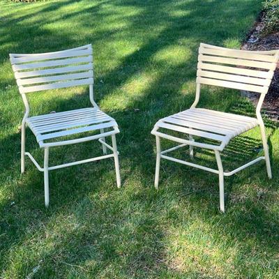 Outdoor Patio Chairs | Two strapwork side chairs. - h. 30 x w. 22.5 x d. 20 in

