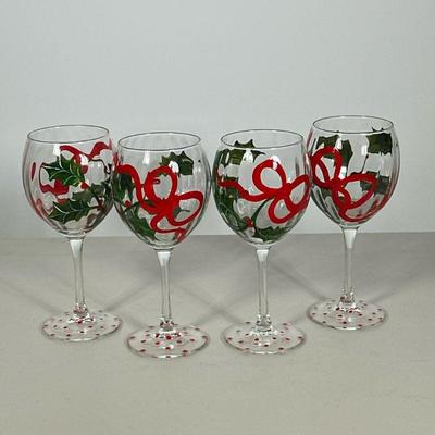 (4pc) Holly Painted Stemware | Festive wine glasses by Patty Falk, each signed “Falk” on the bottom. - h. 7.75 in


