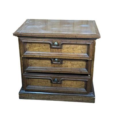 Drexel End Table | Wood side table or nightstand with three drawers. - h. 24 x w. 26.5 x d. 21 in

