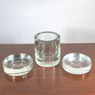 (2pc) Ward Bennett Glass Vide Poches | A pair of Ward Bennett for Brickel Assoc. glass vide-poche / concave bowls, each with etched...