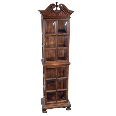 Bubble Glass Display Cabinet | Curio display cabinet with broken pediment top, three adjustable glass shelves, with interior light. - h....