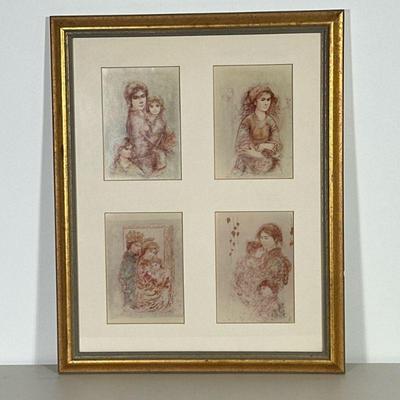 Gilt Frame & Prints | 18.25 x 14.25 in. insert matted with four 6.5 x 4.5 in. cutouts housing prints of wash illustrations. - h. 21 x...