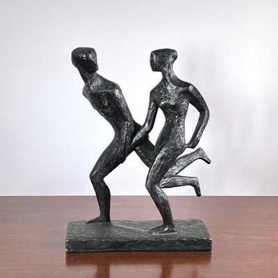 Modern Sculpture | Textured black with silver accents, composition brutalist style statue of a man and woman running. - h. 14 x l. 10.25...