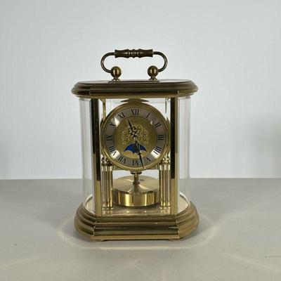 Bulova Mantel Clock | Quartz movement, made in Germany, brass case with beveled plastic panels. - h. 9.25 x l. 7 x d. 5.25 in

