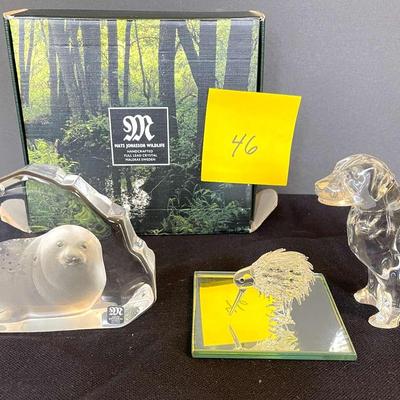 Waterford Dog, Hand Blown Emu Figure, And Art Glass Seal