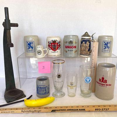 Vintage German Beer Steins And Glasses, Vintage Cast-Iron Bottle Capper