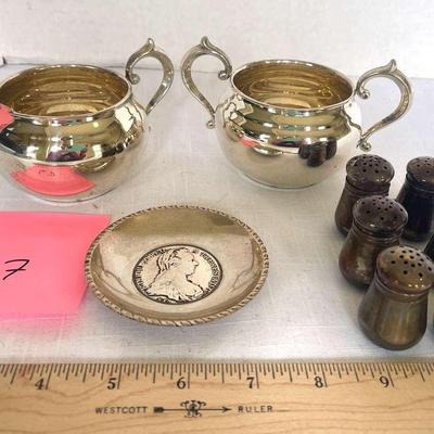 Sterling Silver Coin Dish, Cream And Sugar Set, Small Salt And Pepper Shakers