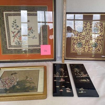 2 Framed Asian Textiles, Asian Painting or Print On Silk And 2 Small Inlaid Panels