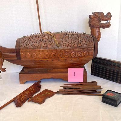 Hand carved Korean Turtle Warship Model, Vintage Carved Elephant, Abacus, Russian box