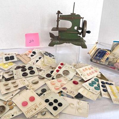 Vintage Child’s Sewing Machine, Vintage Buttons And Sewing Supplies