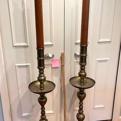 Large Brass Candlesticks From Thailand With Faux Wood   Candles
