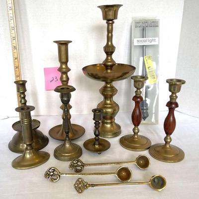 Brass Candlesticks, 3 Brass Snuffers And A Fancy Lighter