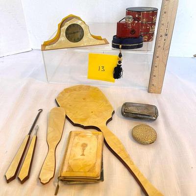 Vintage Celluloid Ladies Dresser Set, Small Silver Box, Compact, Opium Perfume