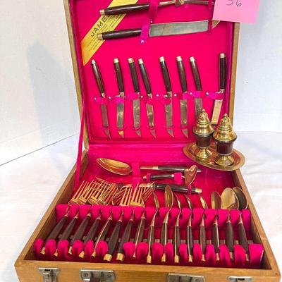 Vintage Mid-Century Wood And Brass Cutlery Set From Thailand