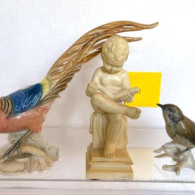 2 German Bird Figurines by Karl Ens and an Alabaster Child Statue