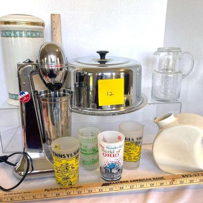 Vintage Kitchen Items-Covered Cake Plate, Milkshake, Machine, Souvenir Glasses, Pitchers