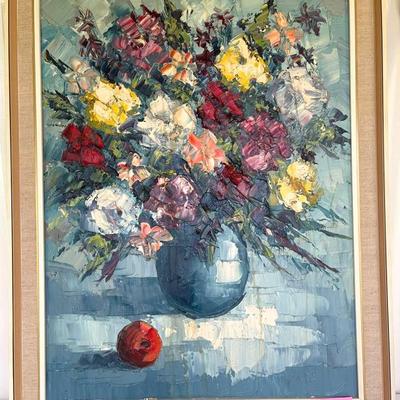 Heavily Textured 1960's/Mid Century Oil Painting Still Life with Flowers