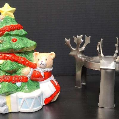 OCI Christmas Tree Cookie Jar With Reindeer Candle Holder 