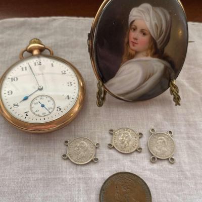 Gold Brooch, Elgin Pocket Watch, & Coins