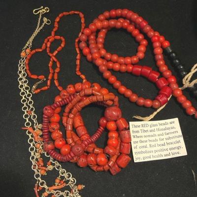 Tibetan glass beads branch coral & beaded necklace with 14 k clasp