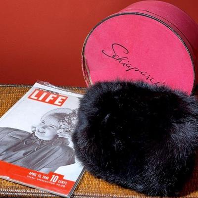 Vintage fur hand muff schiaparelli hat box & 1946 life magazine