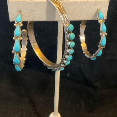 Stamped rd coonisis turquoise cuff and earrings