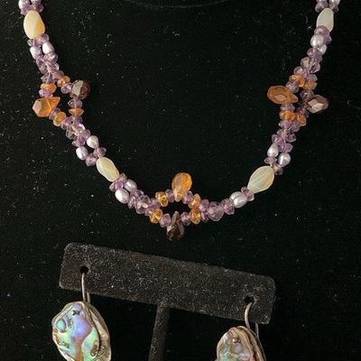 Glass faceted beaded necklace w .925 toggle clasp & shell earrings
