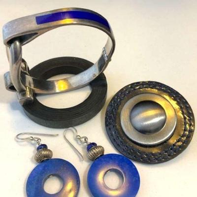 Gucci italy sterling cuff lapis drop earrings, and designer brooch
