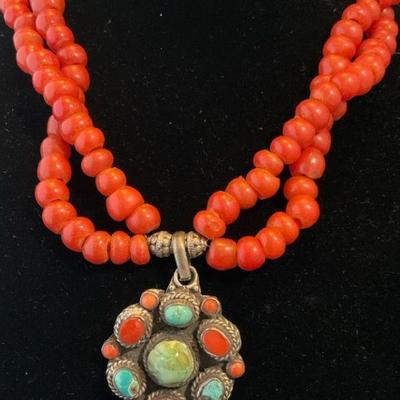 3 strand necklace coral turquoise 925 sterling silver pendant