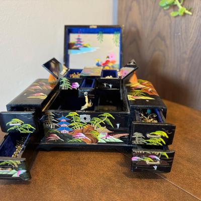 Beautiful Asian Jewelry Box Full Of Vintage Costume Jewelry