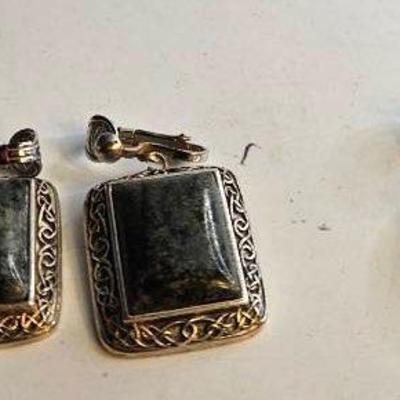 Sterling Irish Connemara Marble Green Stone Clip ER & Sterling Pendant 