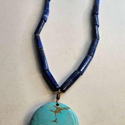 Blue Lapis Lazuli Beads Necklace With A Fox Turquoise  Pendant 