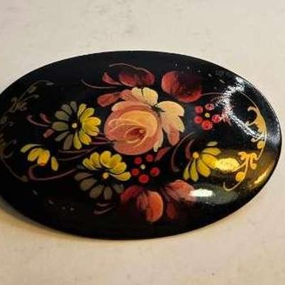 Vintage Russian Wood Lacquer Floral Brooch