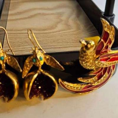 Vintage Giorgio Bird Brooch & Fronyo Pomegranate Earrings With Bees