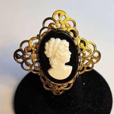 Vintage Large Gothic Brass Cameo Brooch 