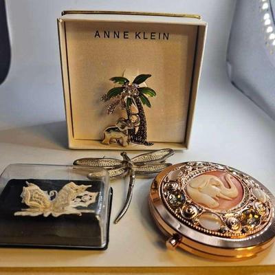 Animal LOT - Amedeo Elephant Compact, Anne Klein Elephant Brooch, Dragonfly & Butterfly Brooches