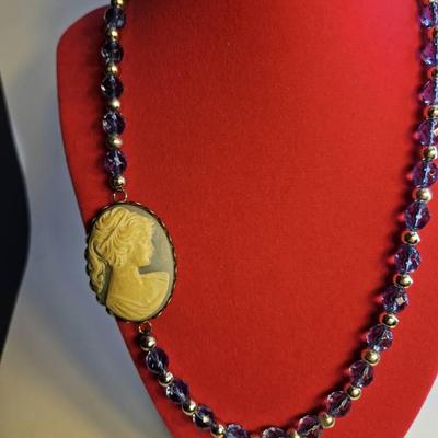 Blue And Silvertone Bead Necklace With A Large White  Cameo 